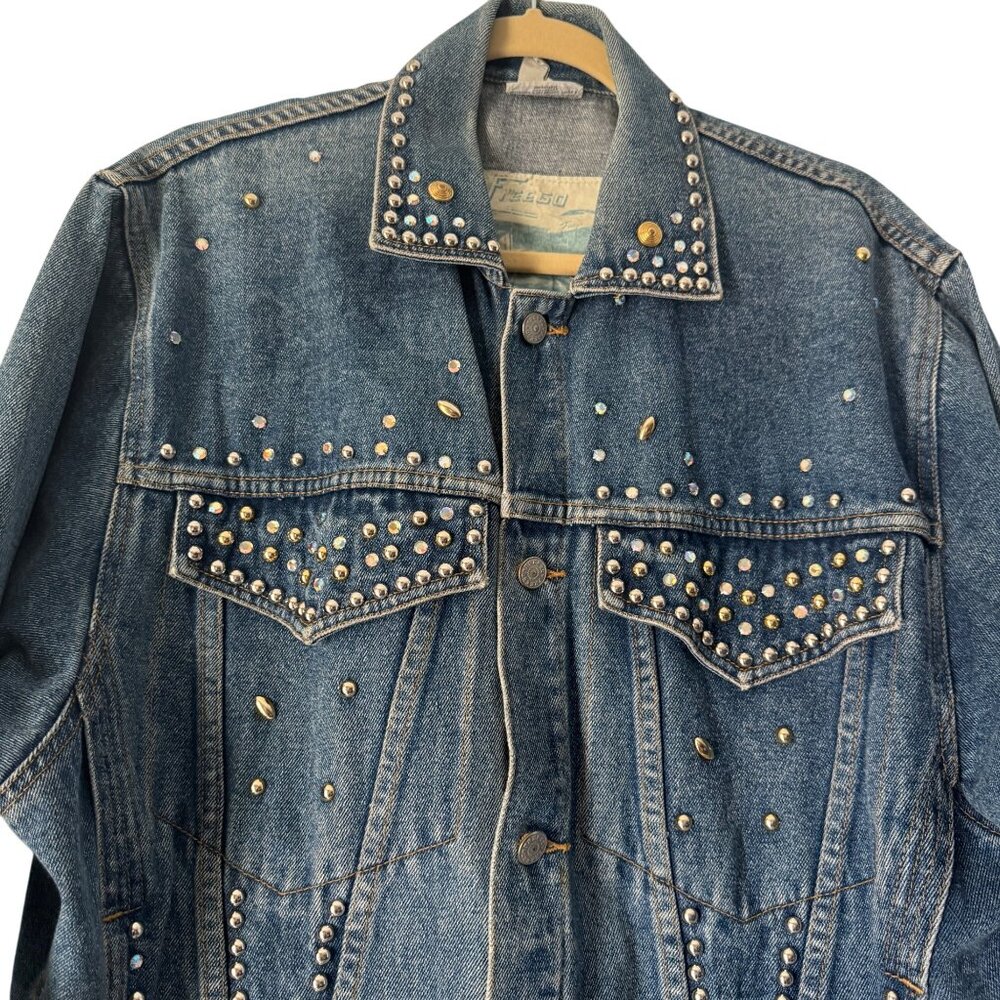 Y2K Freego Shades Of Blue Womens Embellished Oversize Denim Jacket, Size S - Picture 3 of 10